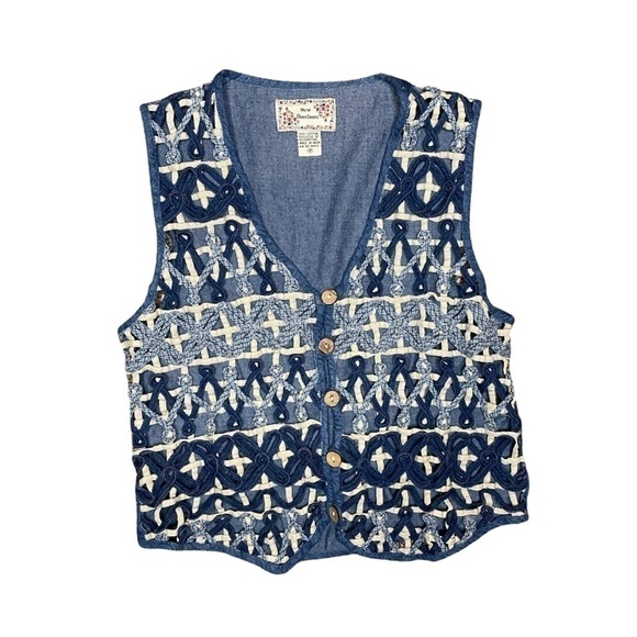 new directions Jackets & Blazers - Vintage Denim Crochet Lace Vest Women’s M Boho Western Cowgirl Button Front